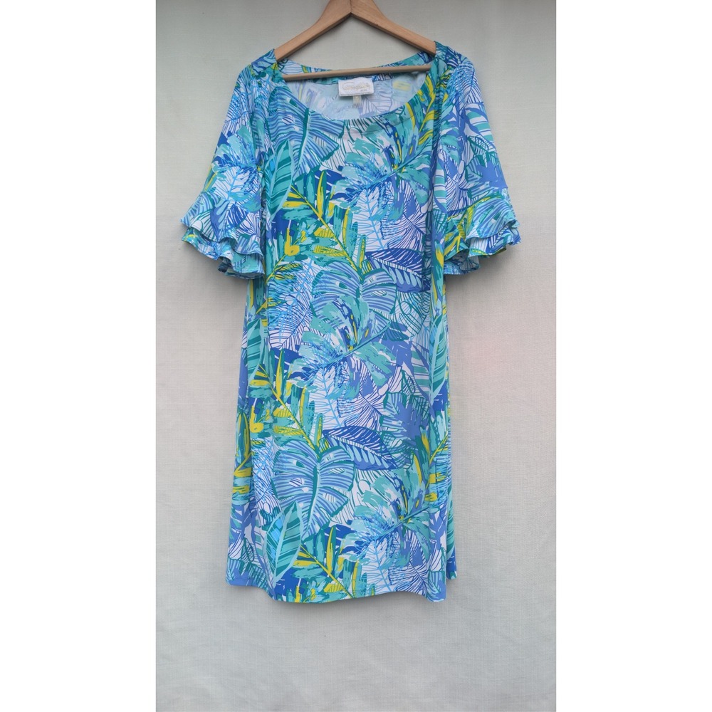 Pappagallo Womens Tropical Palm Print Ruffle Sleeve Shift Dress XL Blue Green